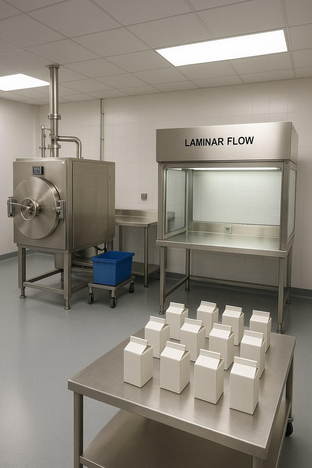 Aseptic packaging lab with sterilization equipment and sealed product samples laid out for demonstration.