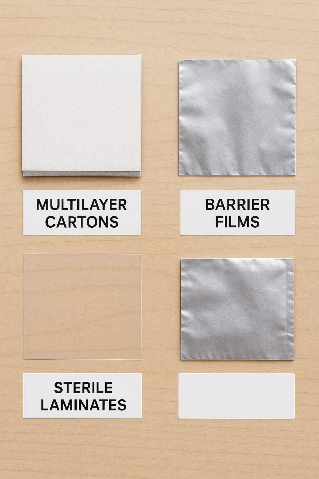 Material swatches for aseptic packaging: multilayer cartons, barrier films, sterile laminates.