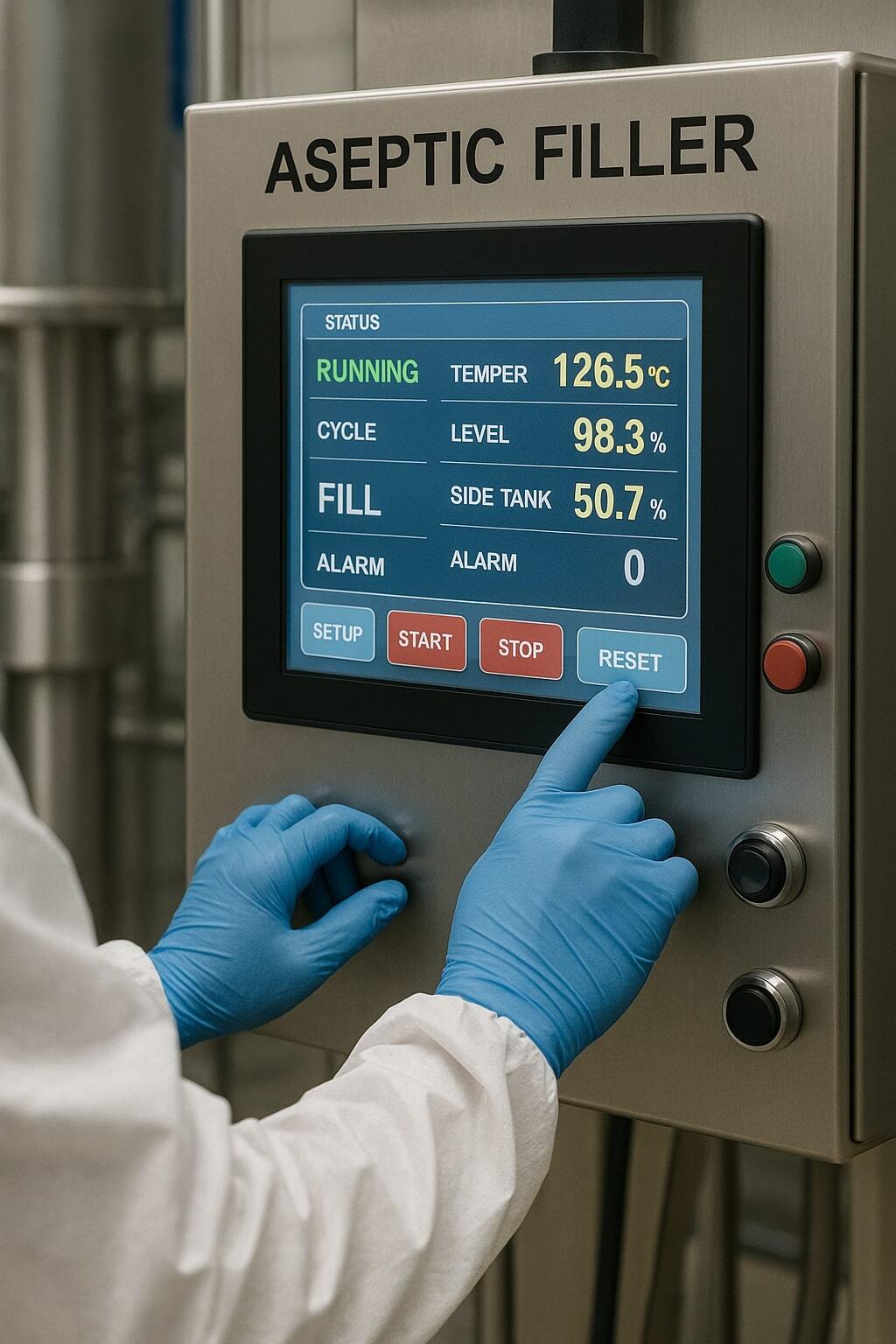 Operator adjusting parameters on an aseptic filler control panel.