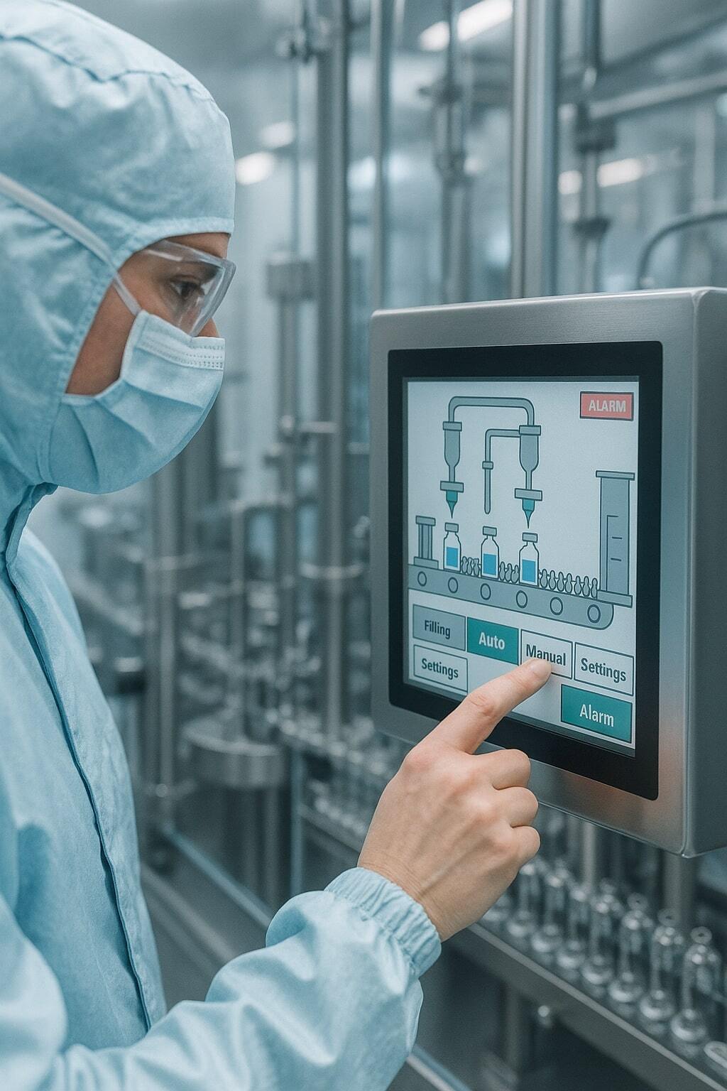 Technician monitoring aseptic filling line inside a sterile cleanroom.
