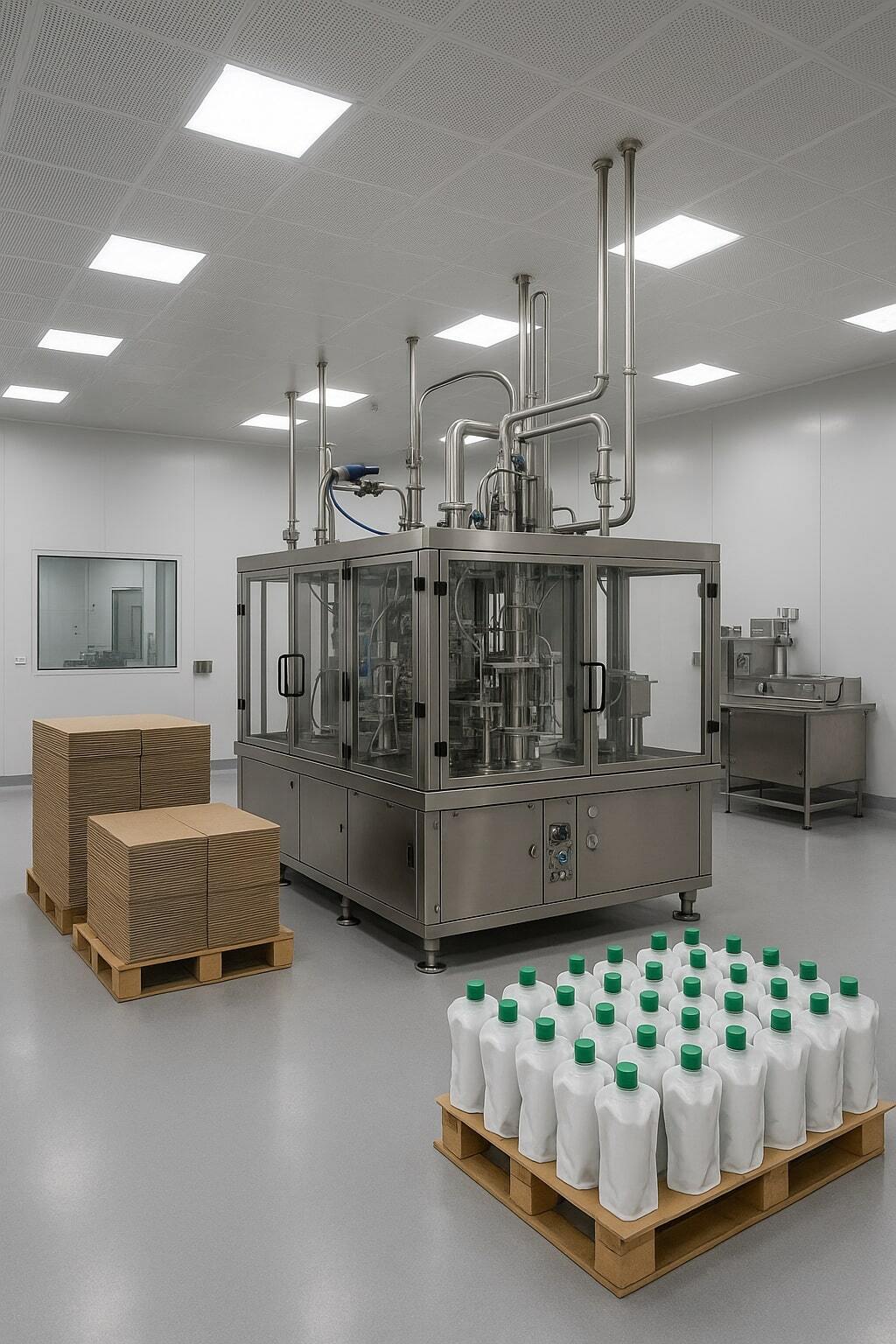 Overview scene of modern aseptic filling room with cartons and pouches ready for sterile filling.