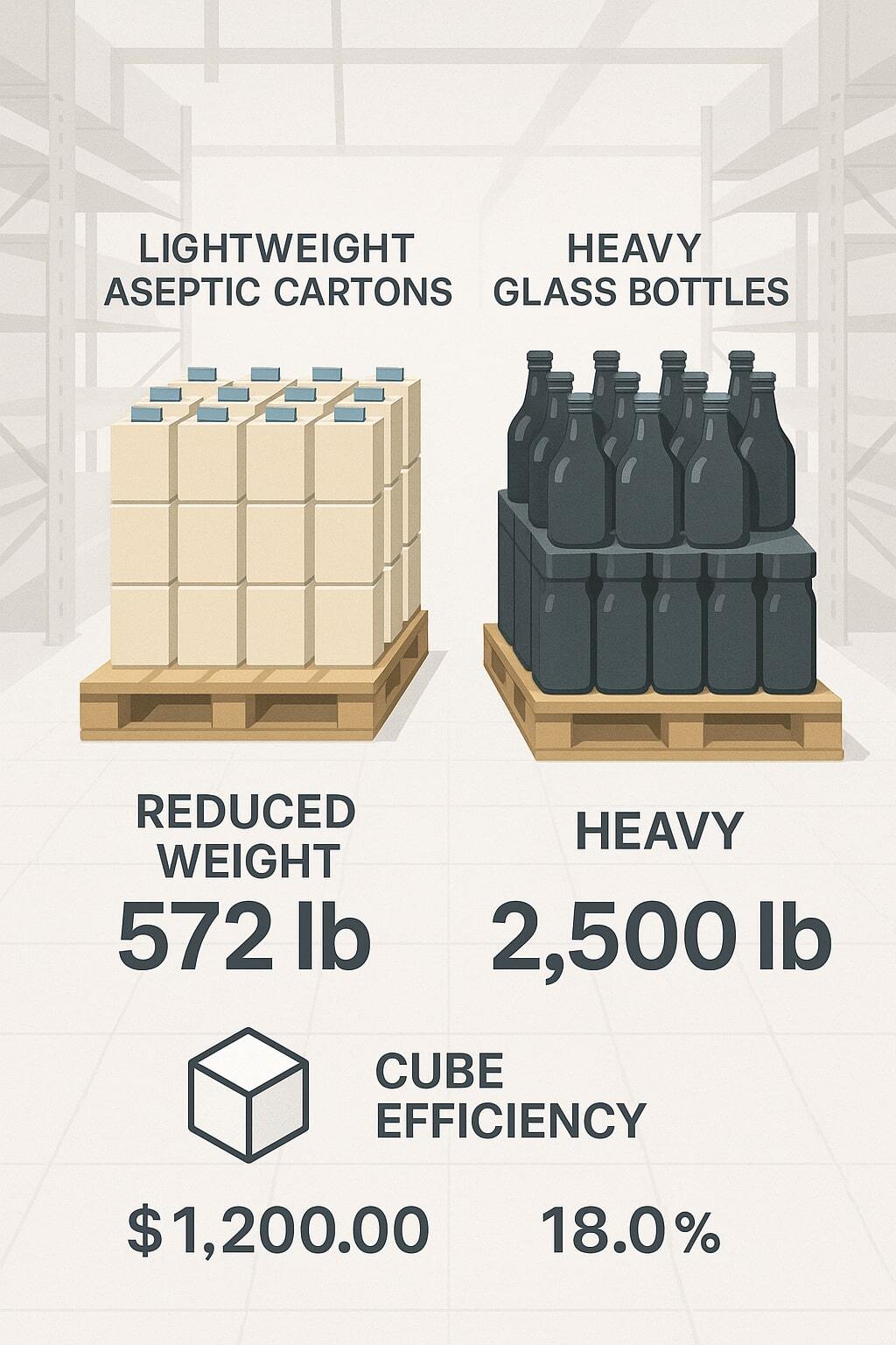 Pallet comparison of aseptic cartons and traditional bottles highlighting lower weight and higher cube efficiency.