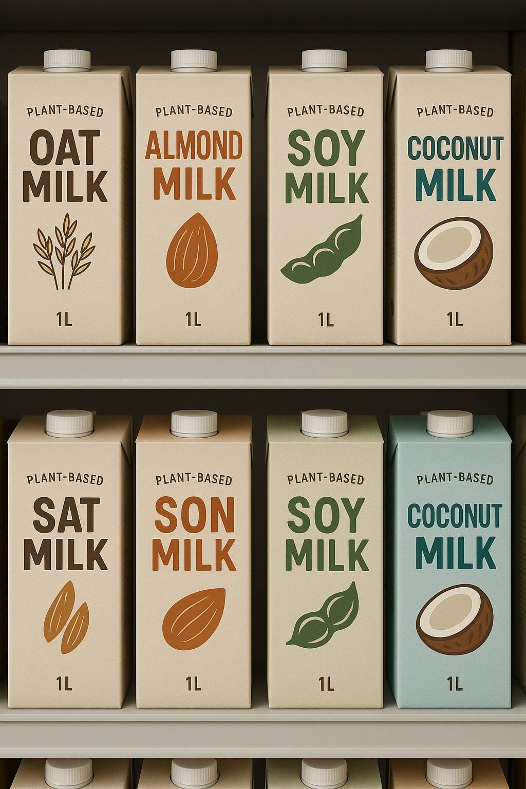 Plant-based milk in aseptic cartons displayed on grocery shelves.