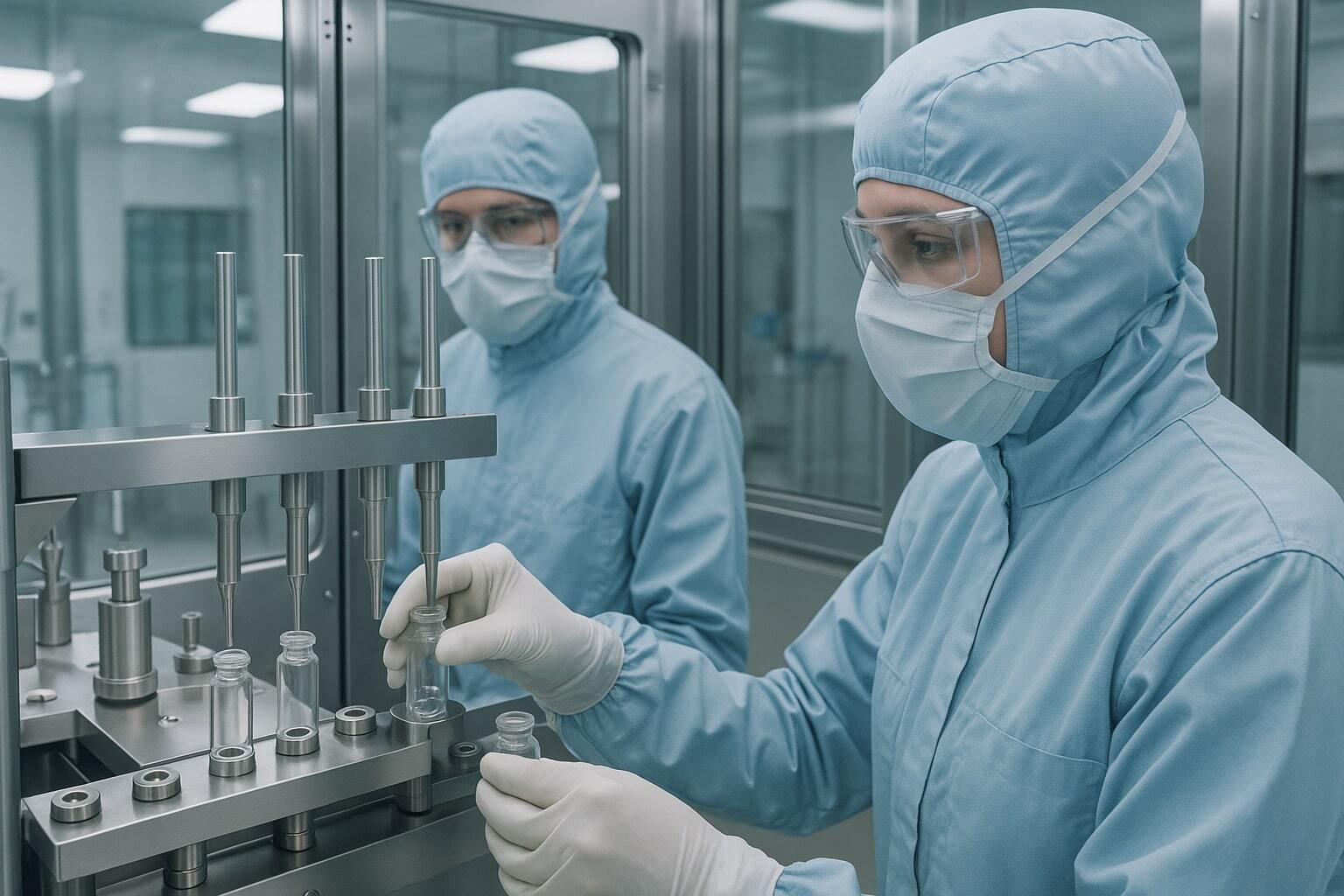 Aseptic packaging cleanroom environment showing sterile beverage filling process.