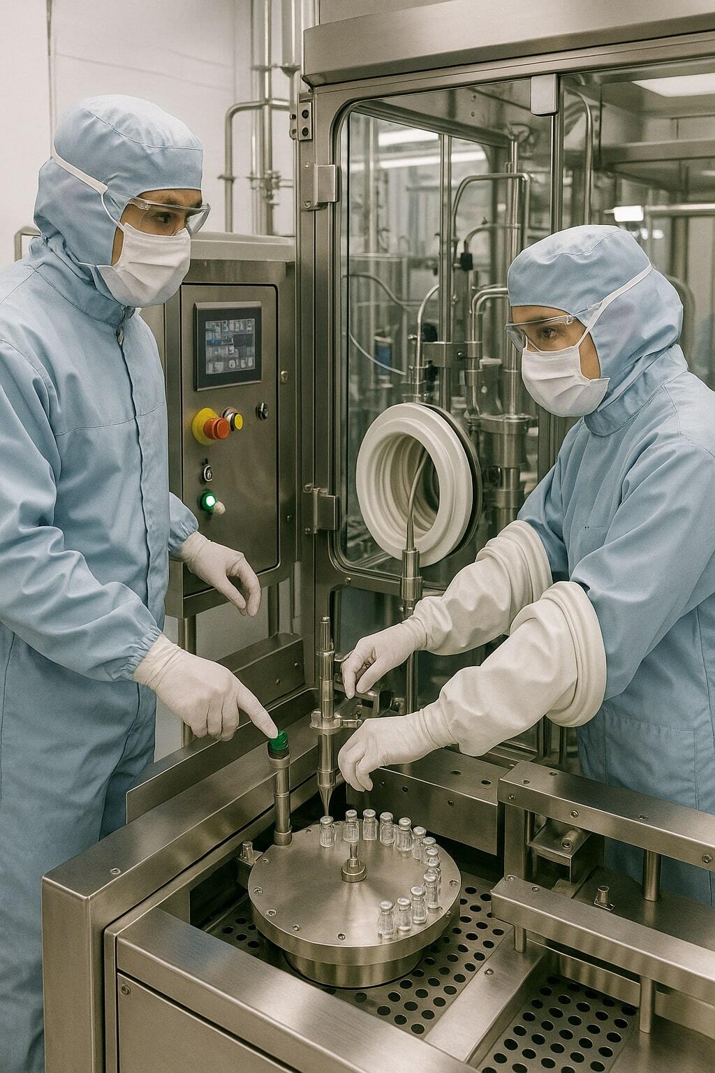Technicians in sterile cleanroom operating aseptic beverage filling machinery.