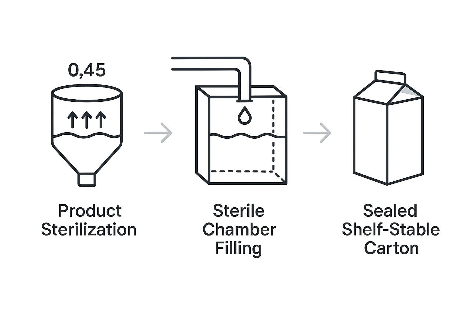 Step-by-step illustration of the aseptic packaging process from sterilization to sealing.