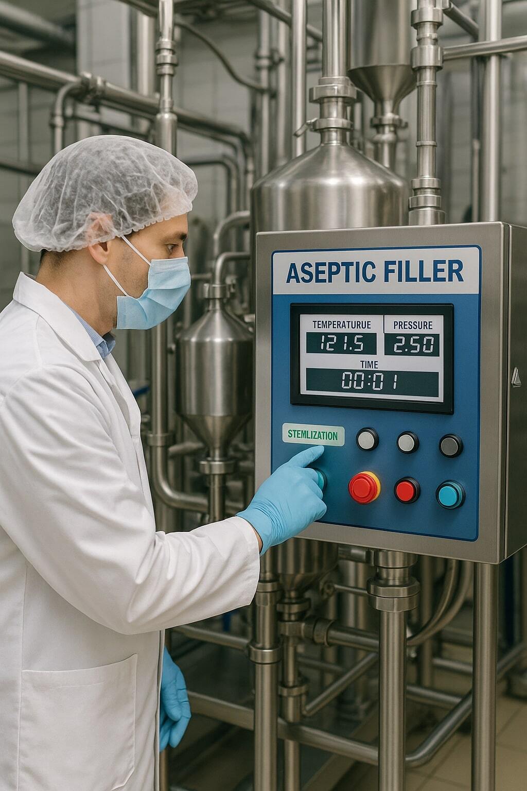 Technician inspecting aseptic filling equipment and monitoring sterilization readouts.