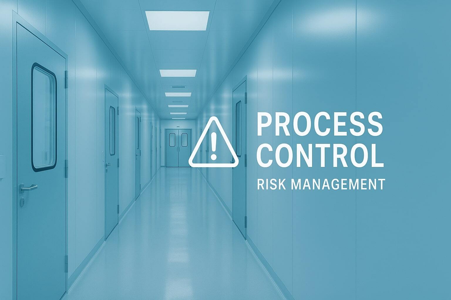 Slim banner showing a cleanroom corridor and warning iconography suggesting process control.