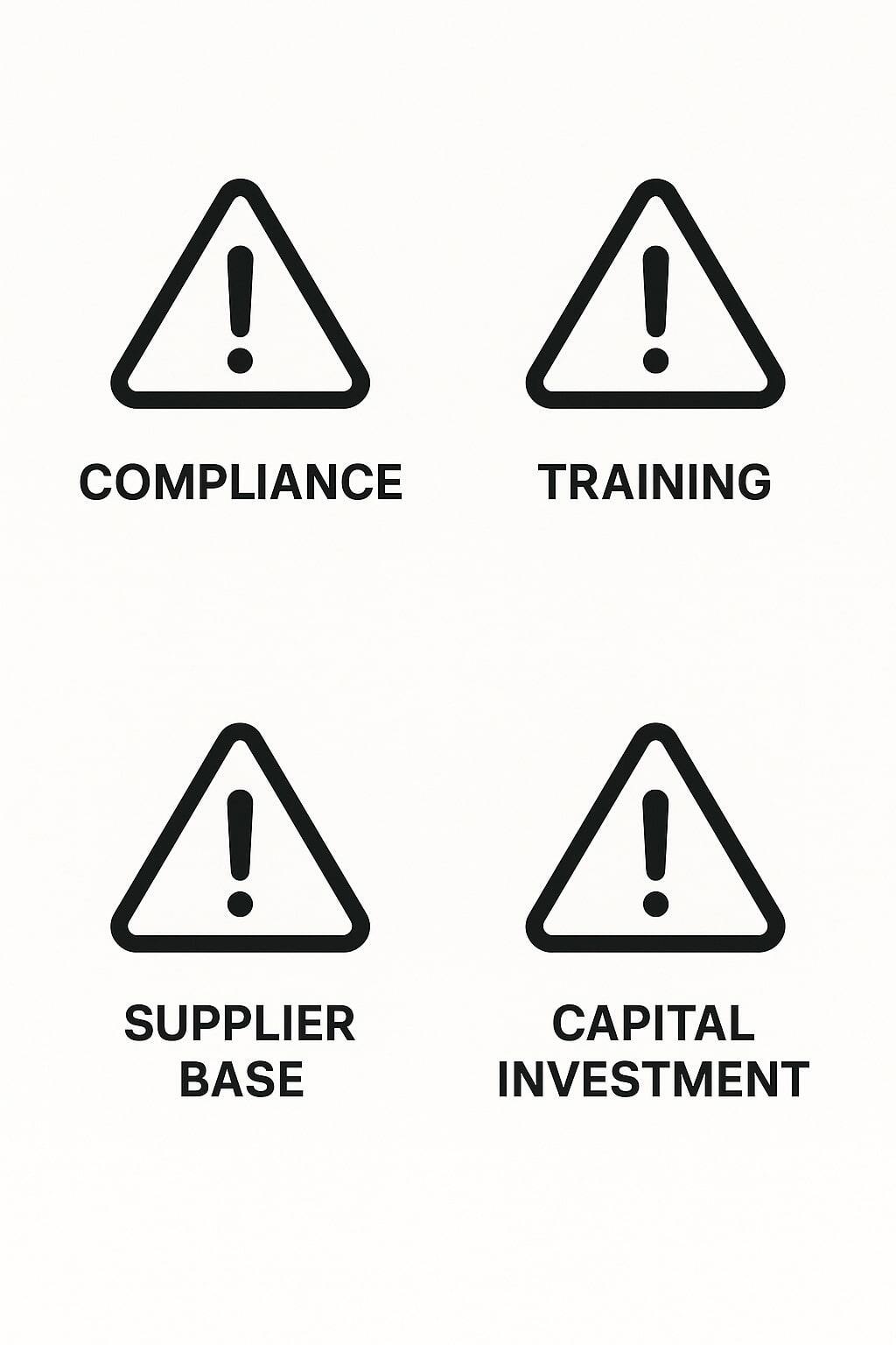Icons representing aseptic packaging risks such as compliance, training, suppliers, and capital investment.