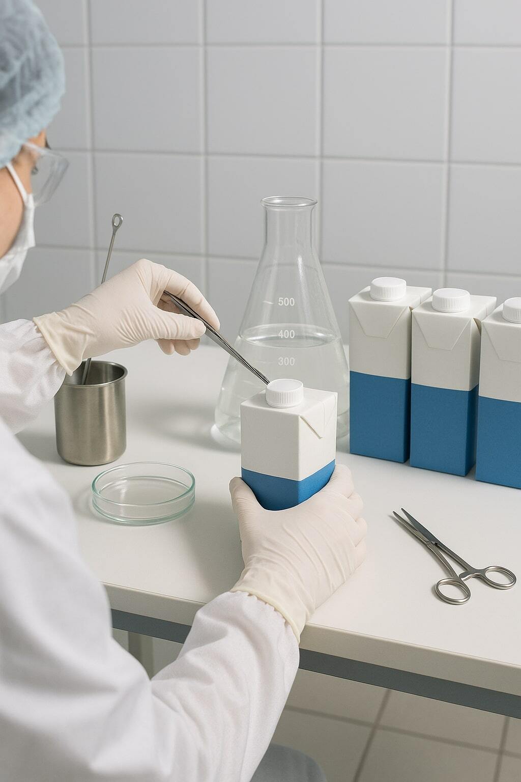 Lab technician performing aseptic seal strength and sterility testing on filled cartons.