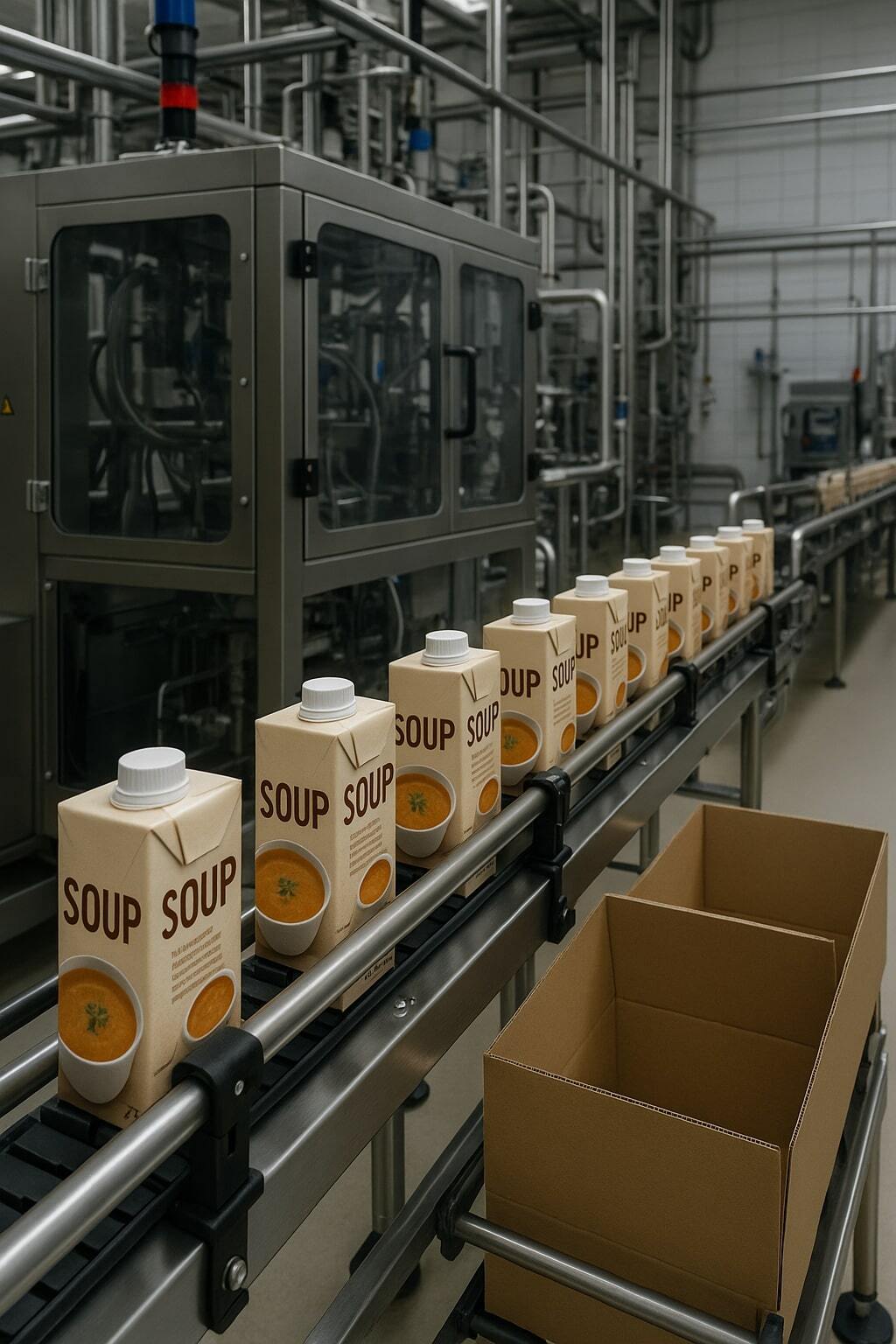 Aseptic soup cartons moving through case packing after ambient filling.