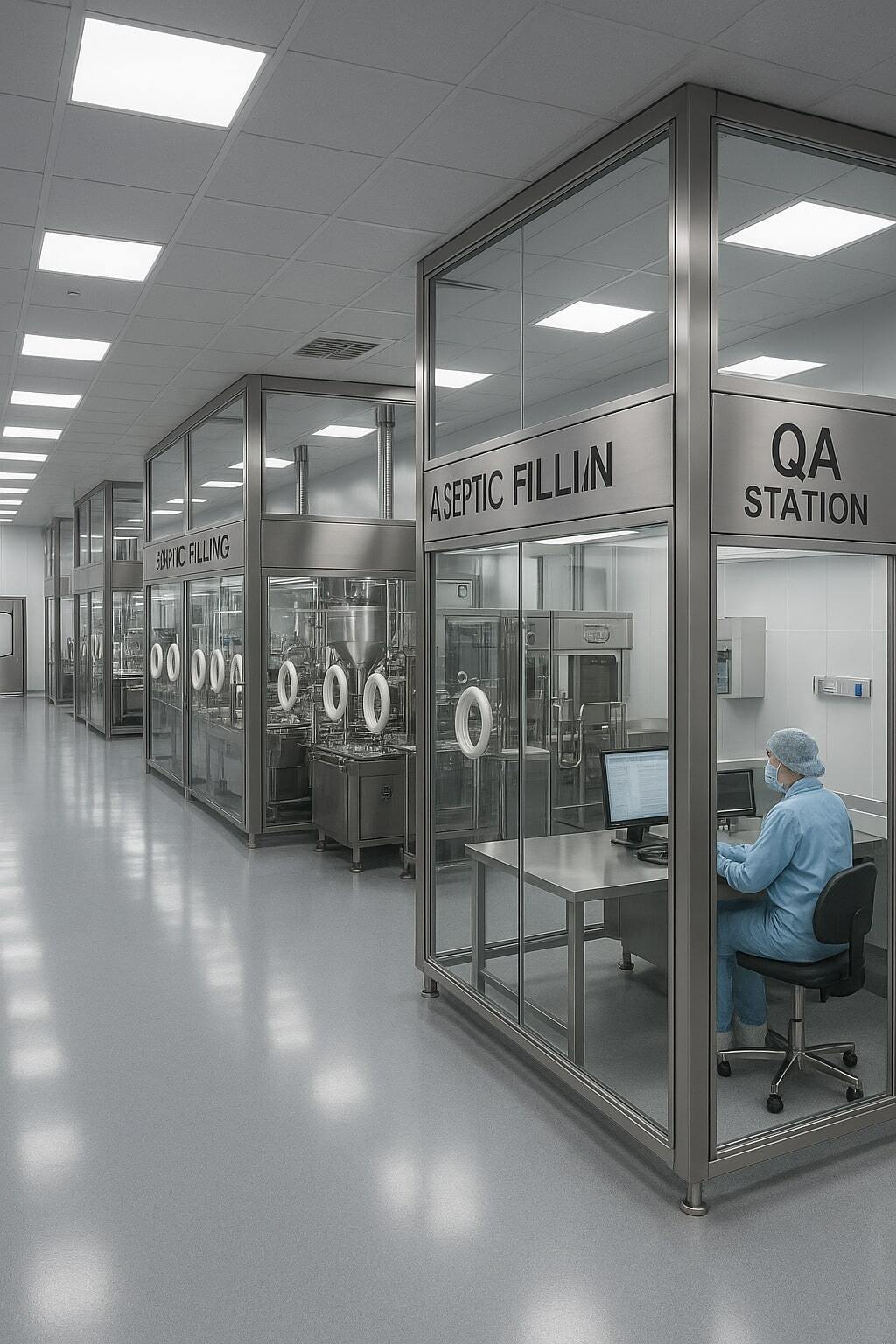 Sterile production bay with aseptic filling lines and visible QA station.