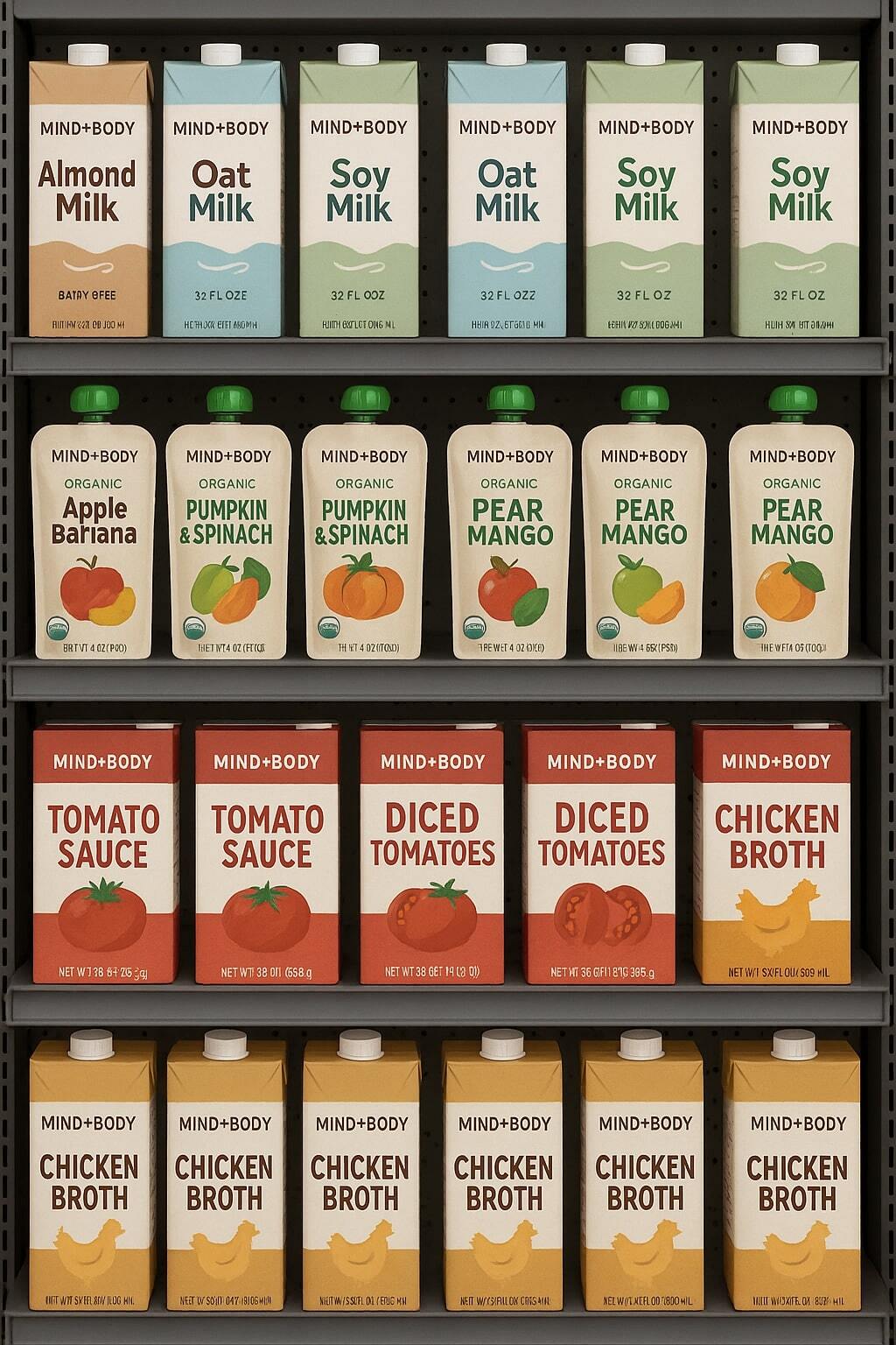 Shelf mix showing beverages, baby food, and sauces in aseptic formats.
