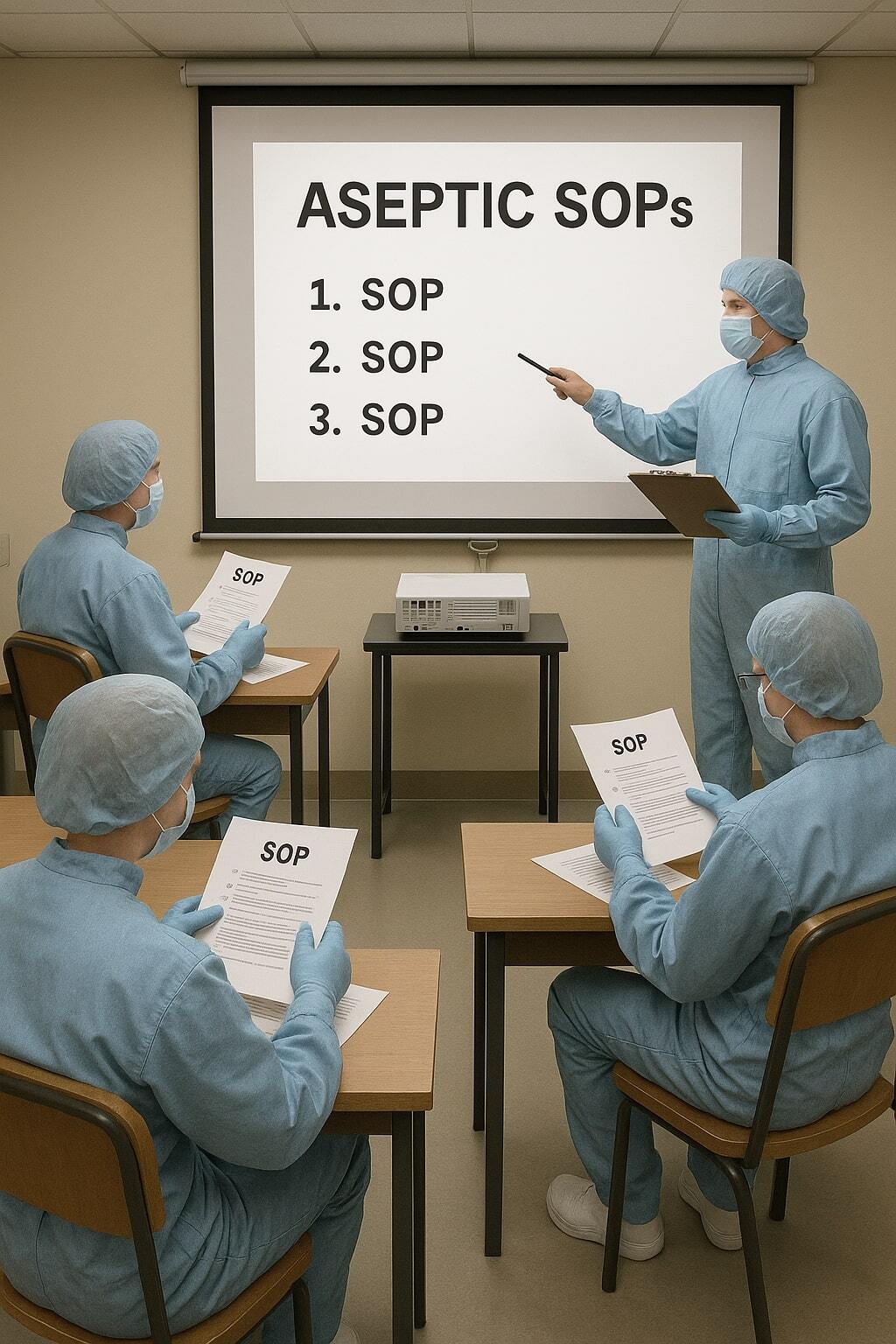 Operators in a classroom-style training session for aseptic equipment procedures.
