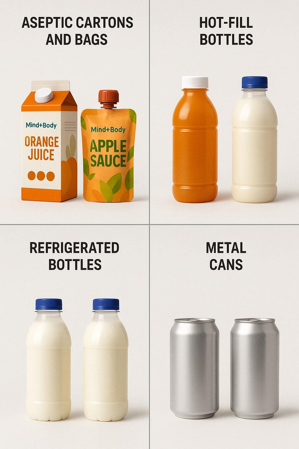 Side-by-side comparison of aseptic cartons, aseptic bags, hot-fill bottles, and canned goods.