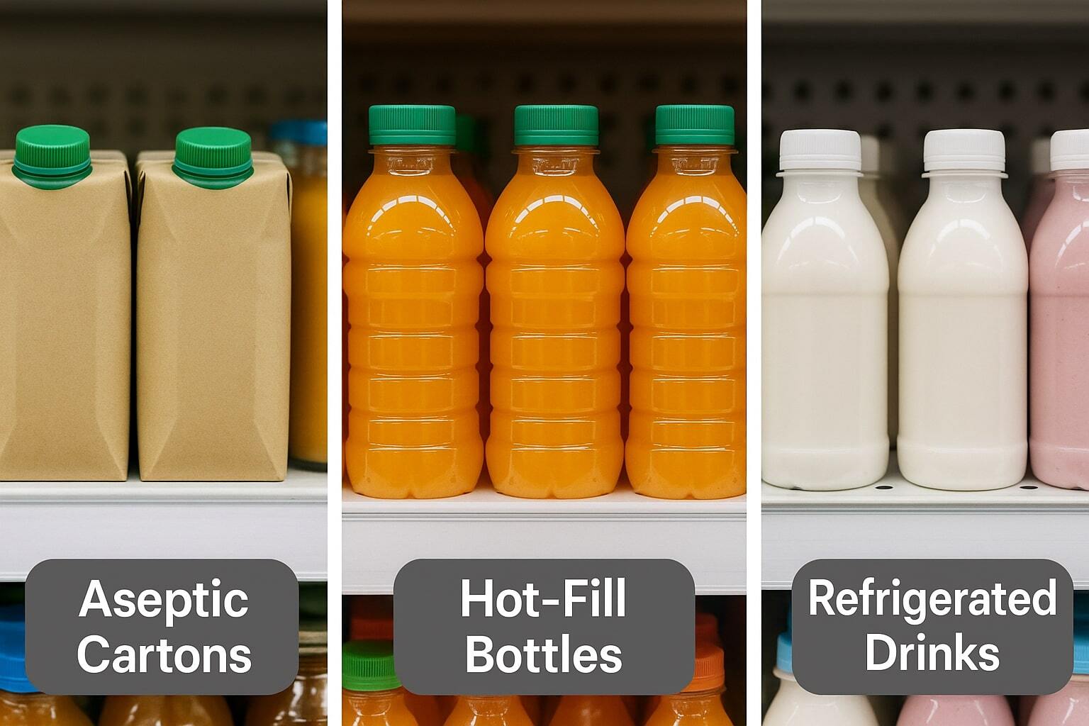 Comparison of aseptic, hot-fill, and refrigerated beverage packaging formats.