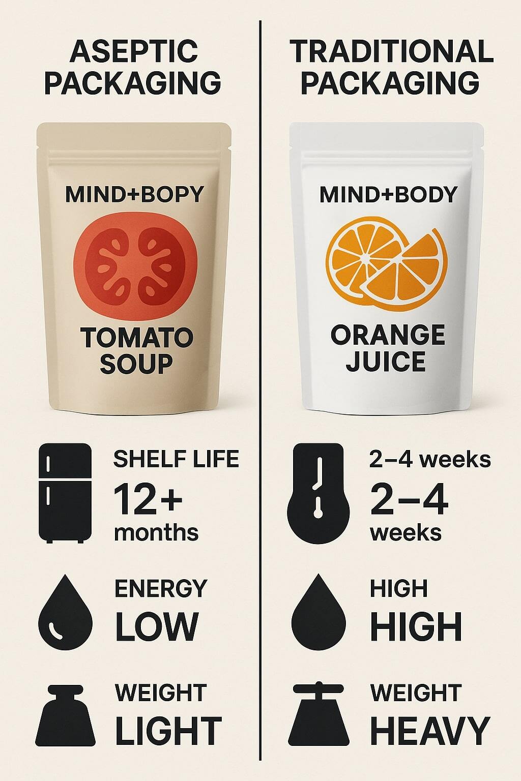 Side-by-side infographic comparing aseptic and traditional packaging on shelf life, weight, and energy.