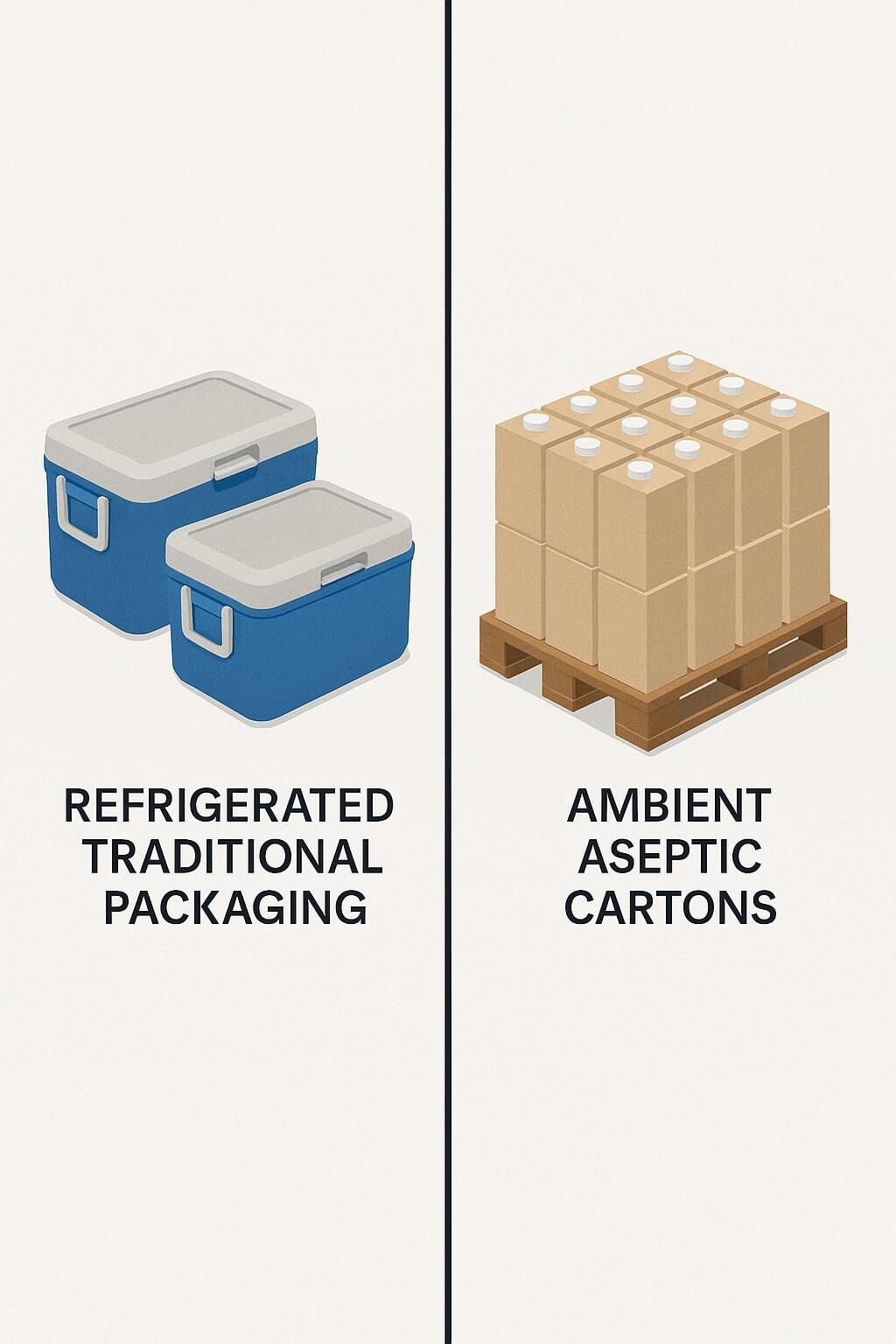 Side-by-side tiles comparing aseptic shelf-stable cartons with traditional refrigerated packaging.