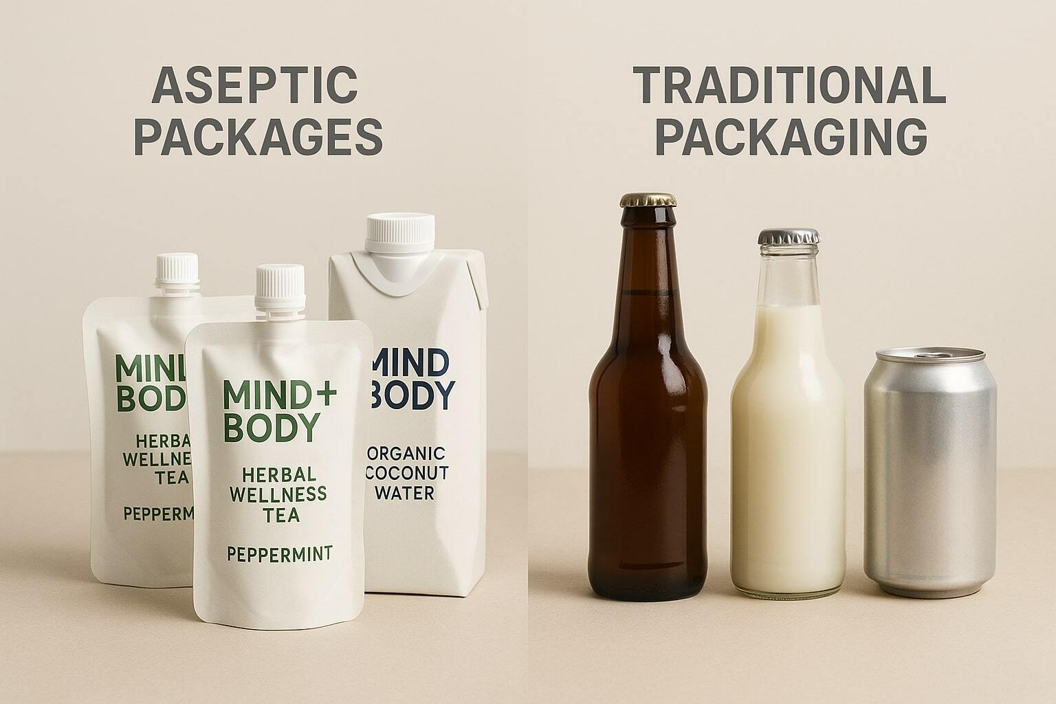 Slim split banner with aseptic pouches and cartons on left, traditional glass and cans on right.