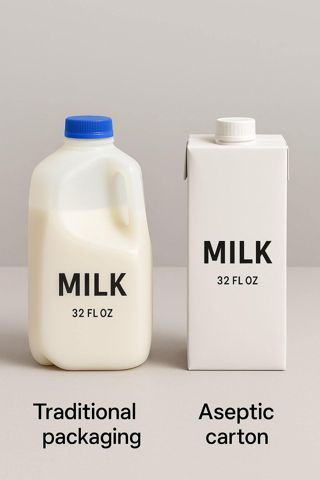 Side-by-side visual of refrigerated traditional packaging and ambient aseptic cartons.