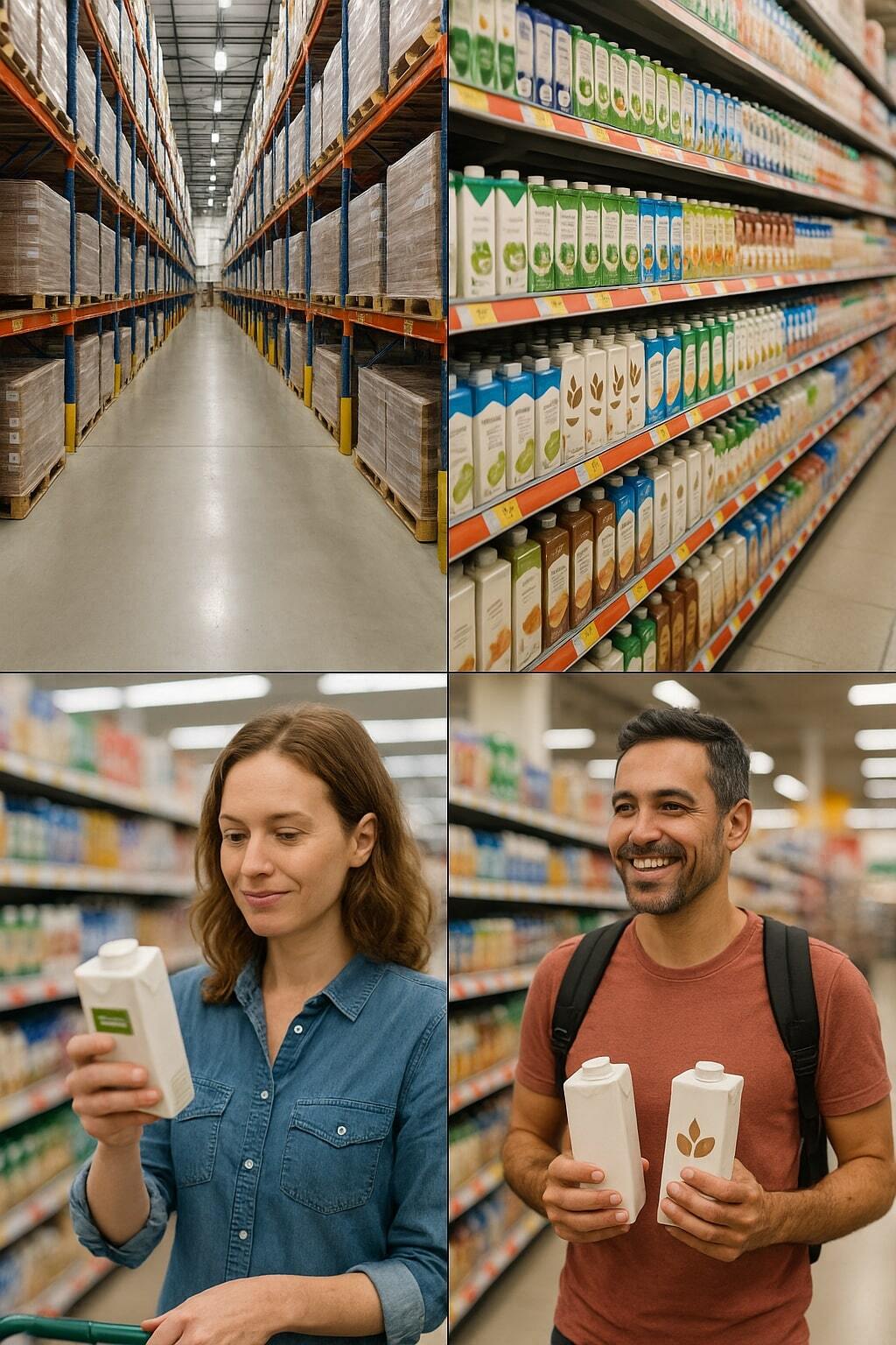 Collage showing portability, ambient storage, and shelf-stable merchandising for aseptic products.