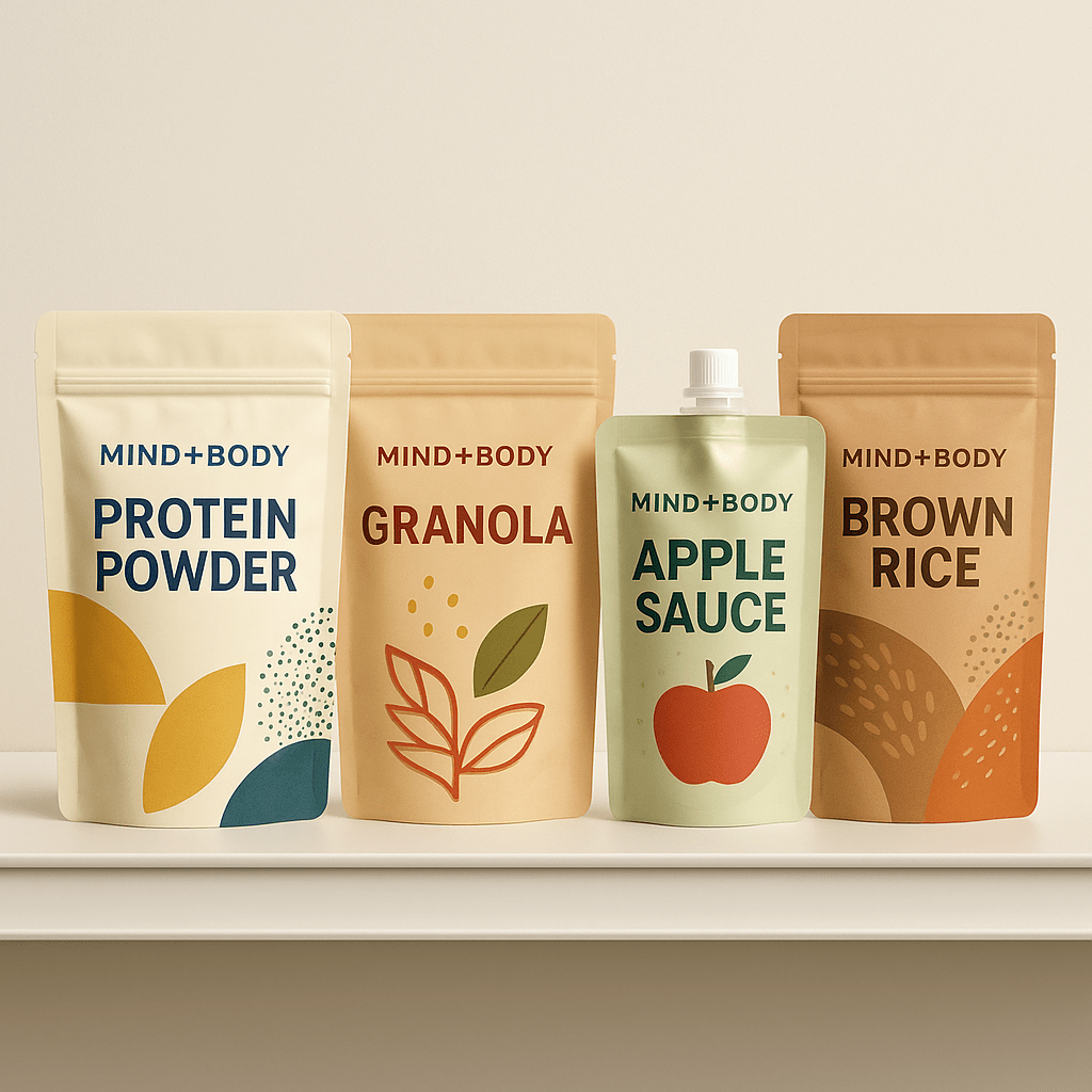 Different types of stand-up pouches on a retail shelf – resealable, spouted, and matte finish options.