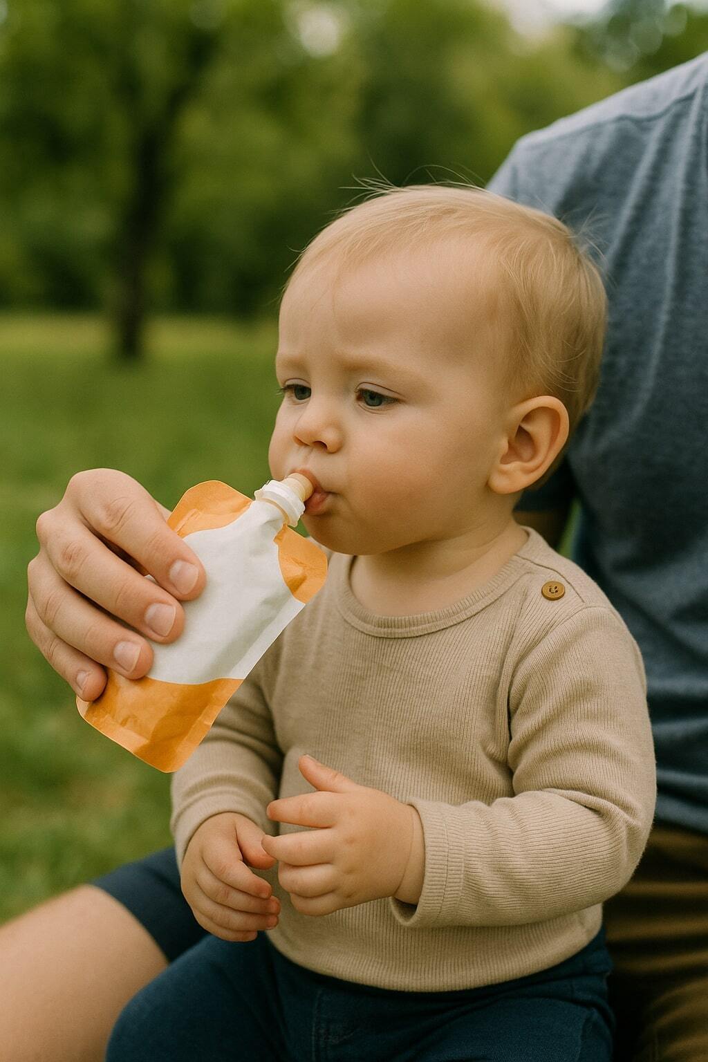 Parent feeding a child with a spouted baby food pouch outdoors.