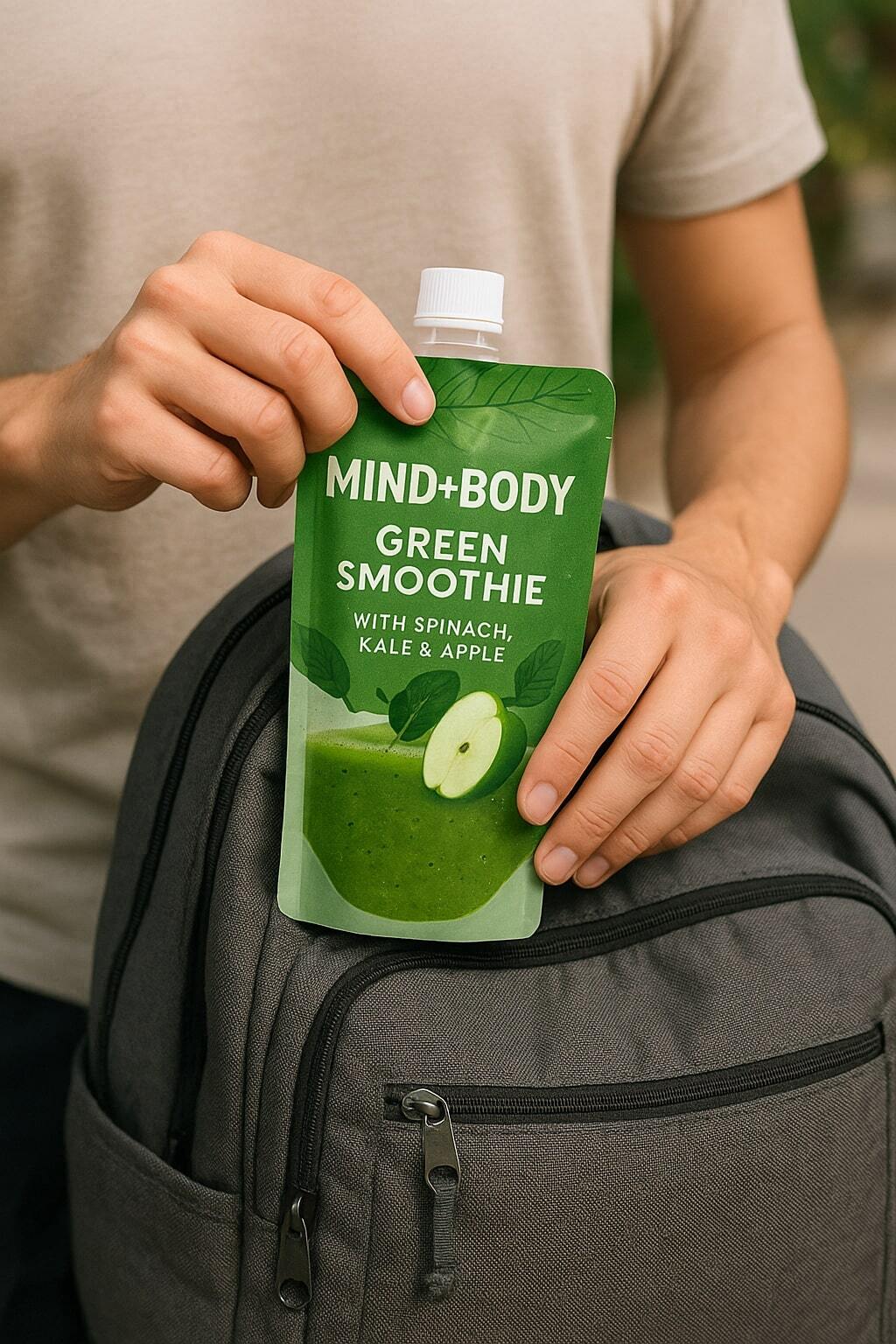 Person placing a beverage pouch into a backpack to demonstrate portability and resealability.