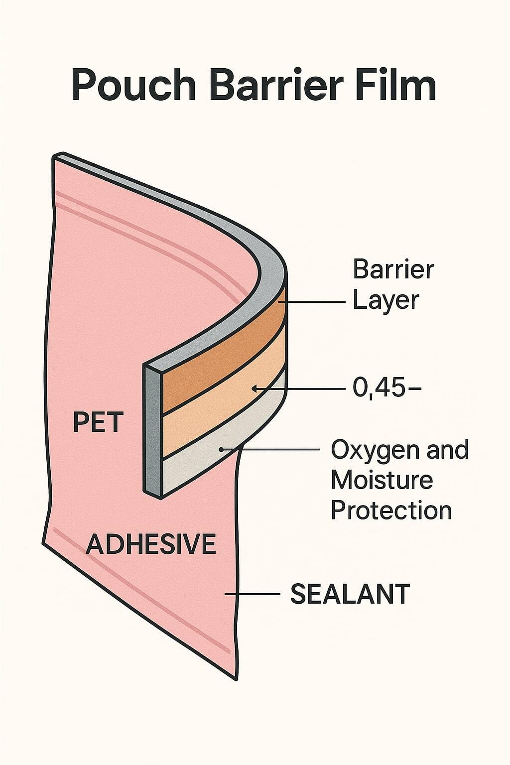 Cross-section graphic of a pouch barrier film with layers labeled for oxygen and moisture protection.