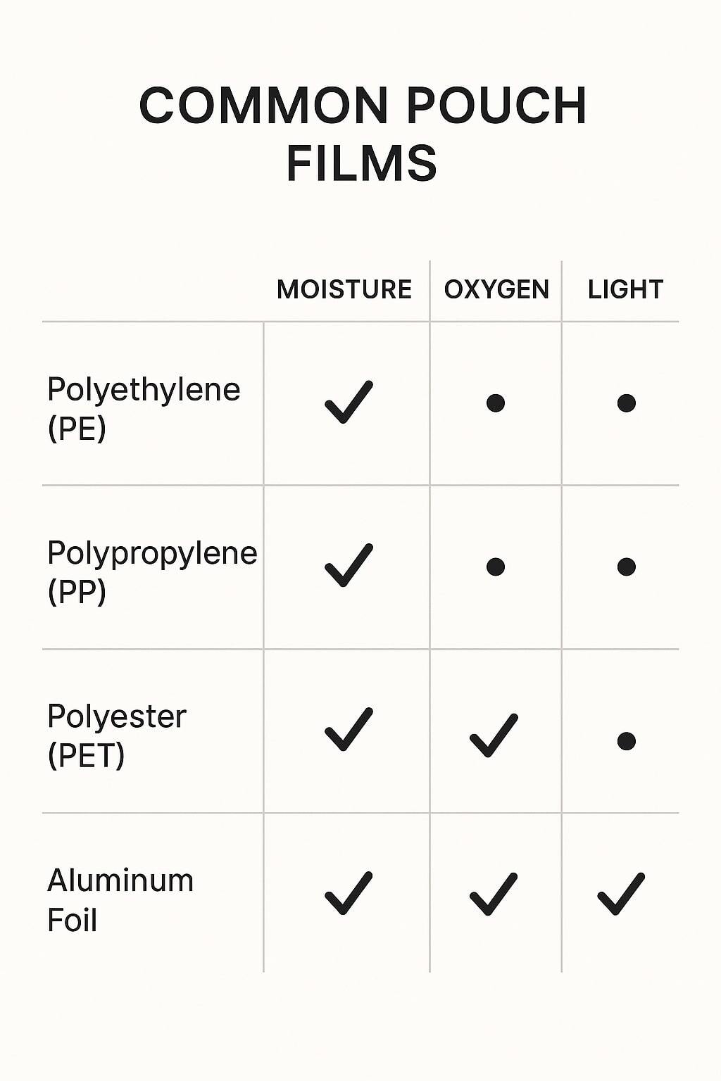 Infographic matrix comparing moisture, oxygen, and light protection across common pouch films.