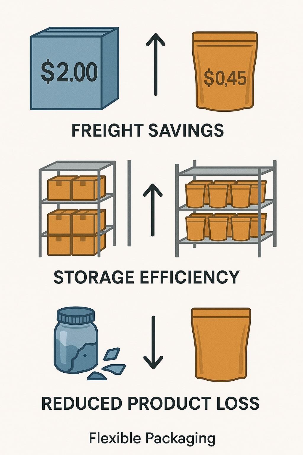 Diagram of freight savings, storage efficiency, and reduced product loss tied to flexible packaging.