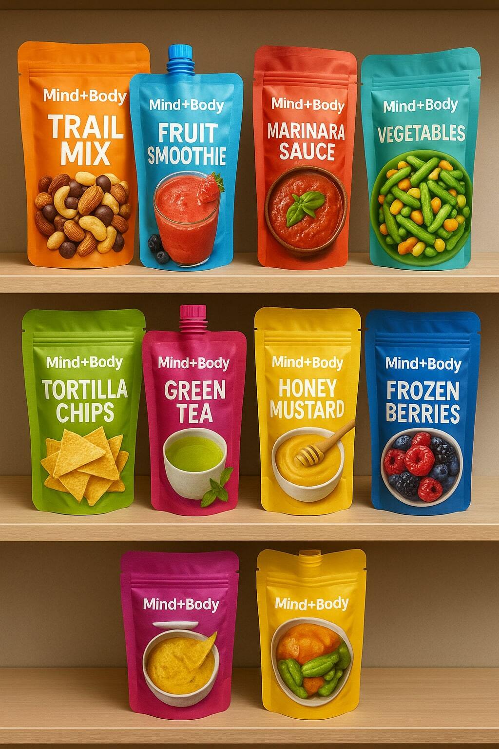 Shelf display of vibrant flexible pouches across categories showing variety and innovation.