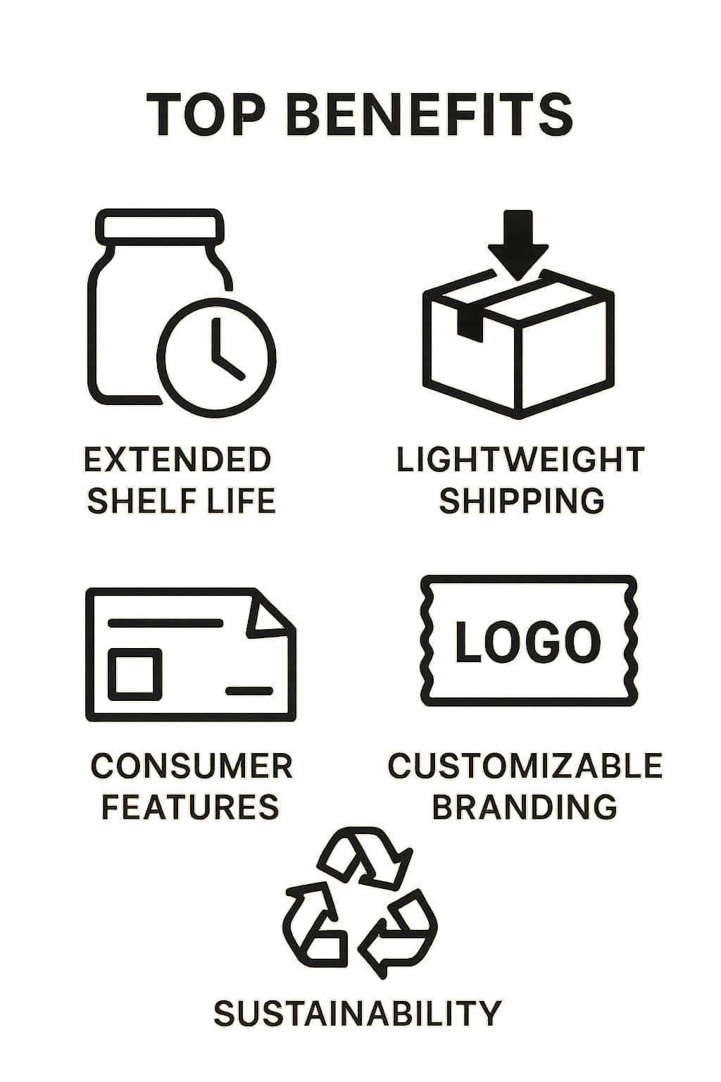 Icon list of top benefits: extended shelf life, lightweight shipping, customizable branding, consumer-friendly features, sustainability.