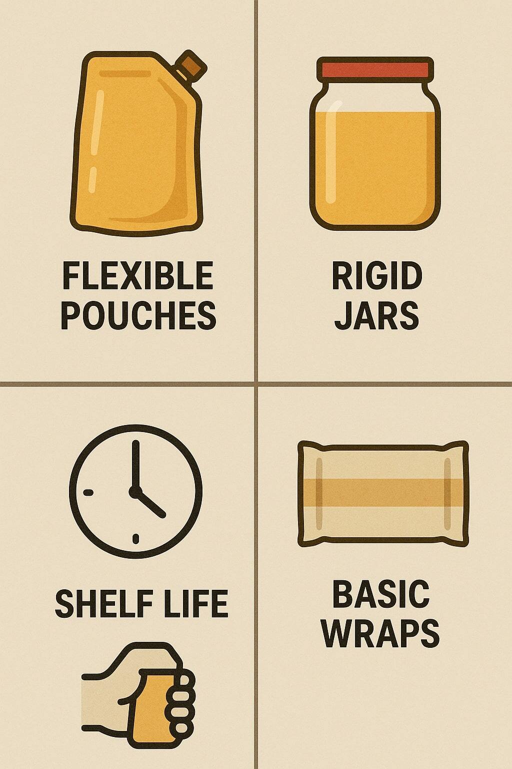 Tiles comparing flexible pouches with rigid jars and basic wraps, focusing on shelf life and convenience.