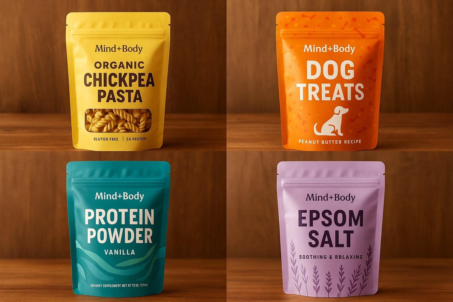 Collage of product photos in stand-up pouches for food, pet, supplements, and personal care—arranged on a wooden table. If there are realistic pouches in the image the pouches should have some design elements as though you might find them in a grocery store. Use the fictitious company Mind+Body as the brand and label the products with real products that would be packaged in the pouches. Do not use Lorem Ipsum copy in the graphic.