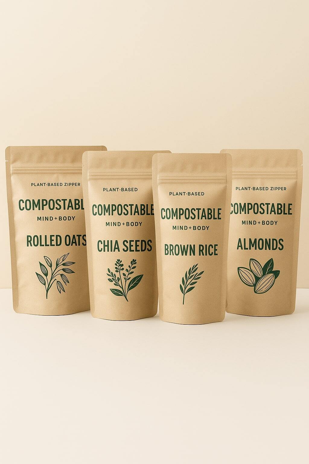 Compostable pouches with plant-based zipper and sustainability iconography.