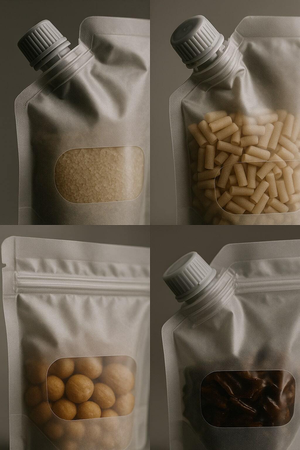 Close-ups showing resealable spouts and transparent windows on pouches.