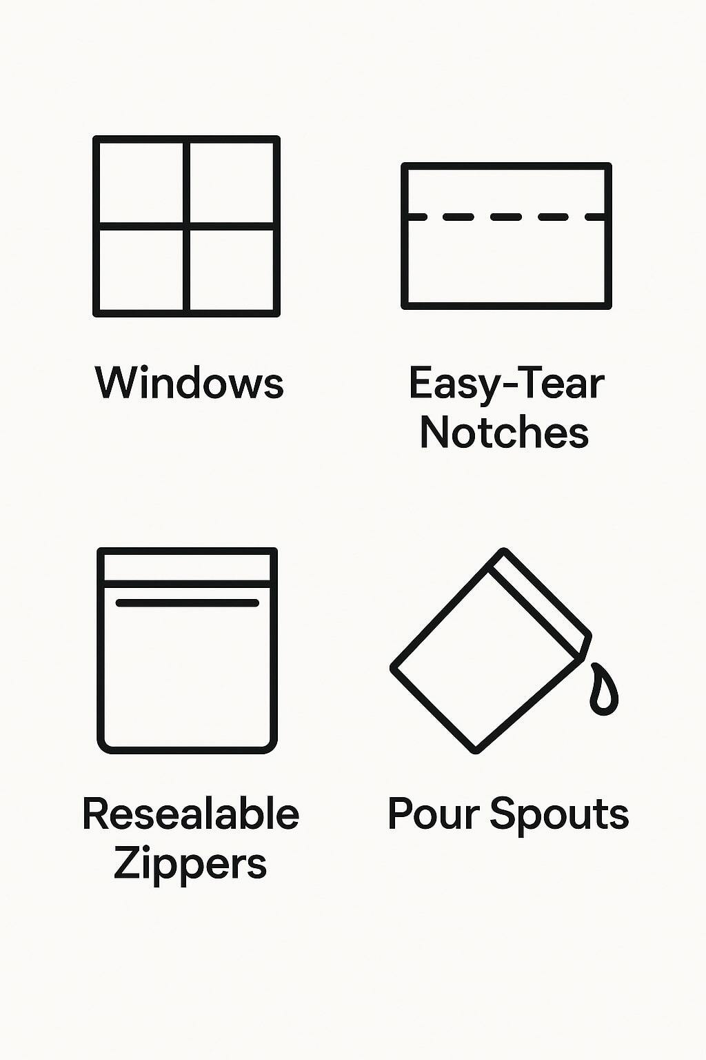 Icon set for windows, easy-tear notches, resealable zippers, and pour spouts.