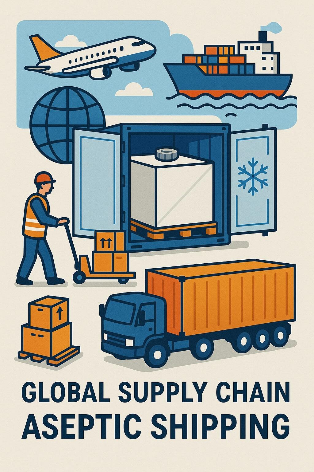 Global supply chain illustration showing aseptic packages shipped worldwide without refrigeration.