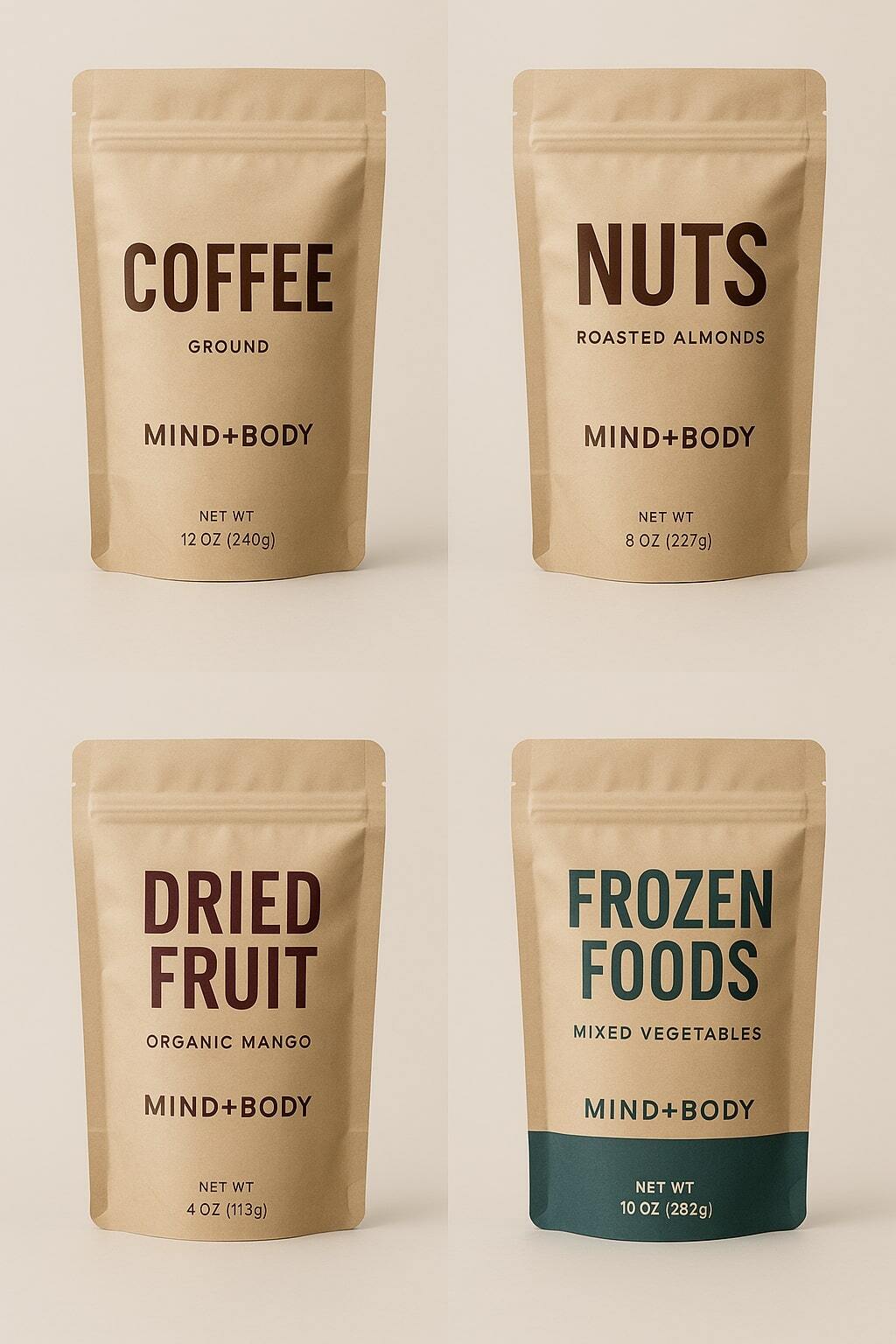 Grid of food pouches: coffee, nuts, dried fruit, granola, and frozen foods.
