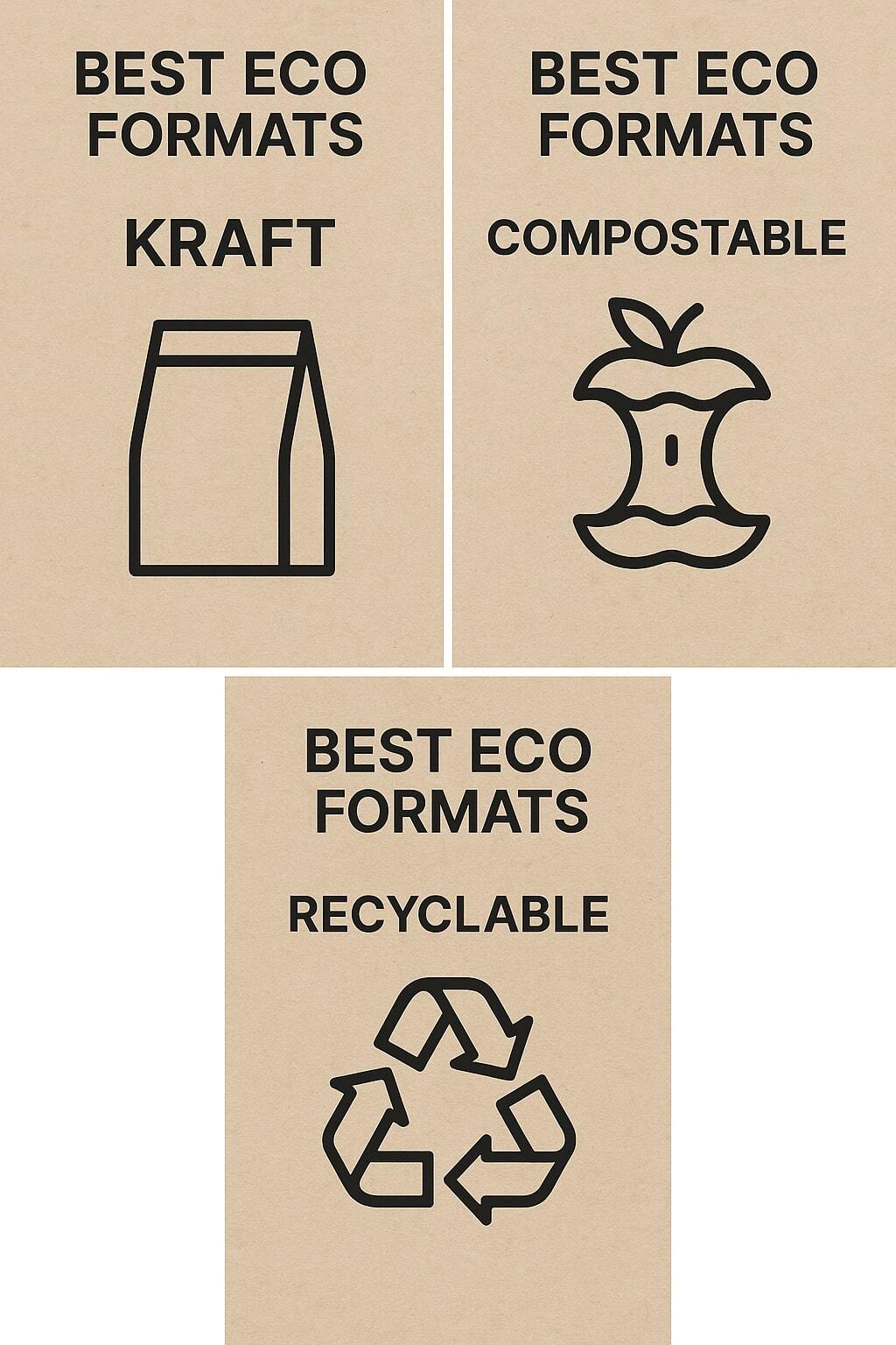 Collage highlighting kraft, compostable, and recyclable pouches with sample categories.