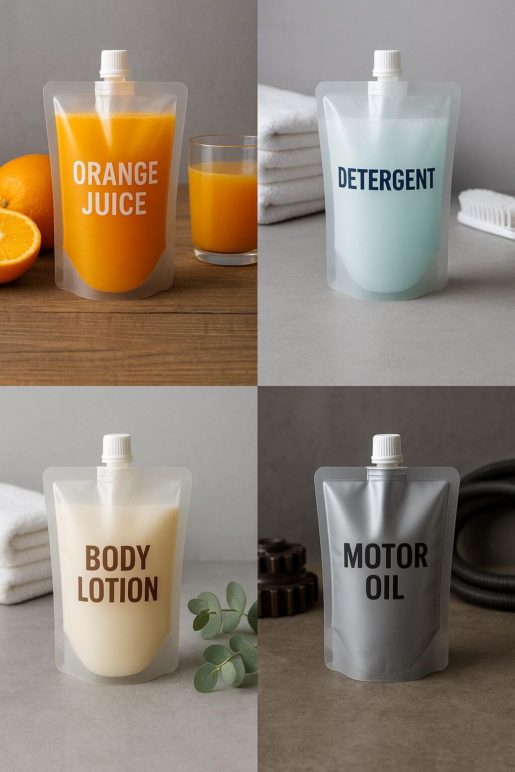 Collage of food, beverage, household cleaning, and industrial liquid applications in spouted pouches.