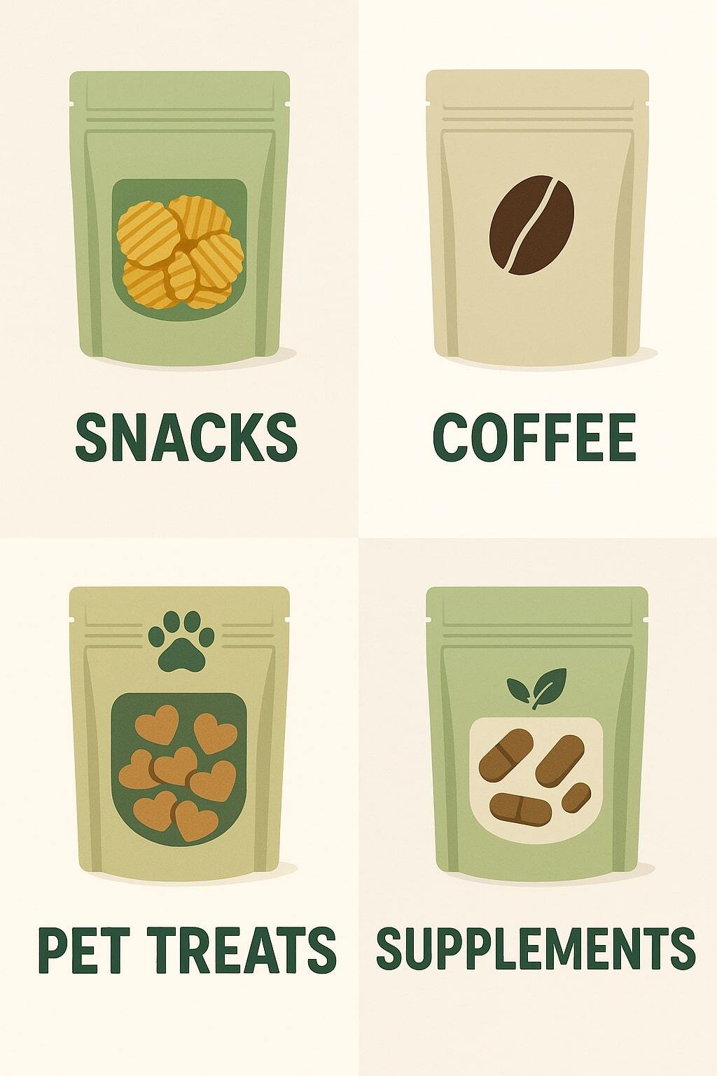 Grid showing snacks, coffee, pet treats, and supplements paired with eco pouches.