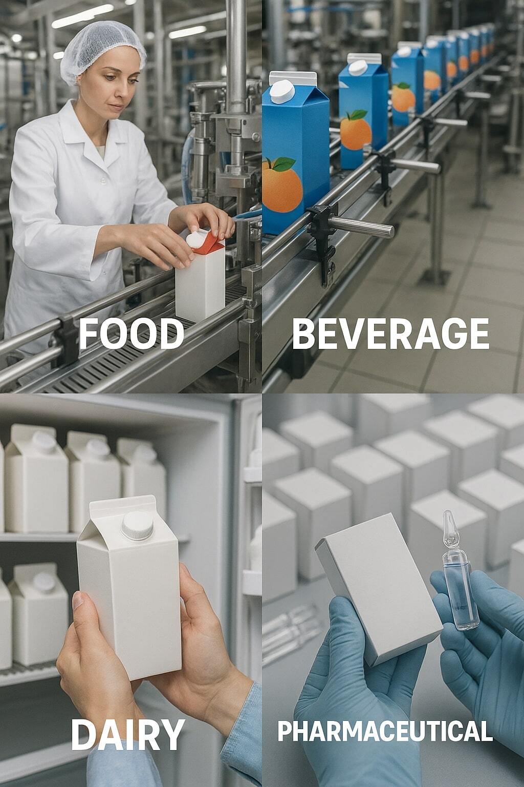 Collage showing industries using aseptic packaging: juice, dairy, nutrition, and coffee.