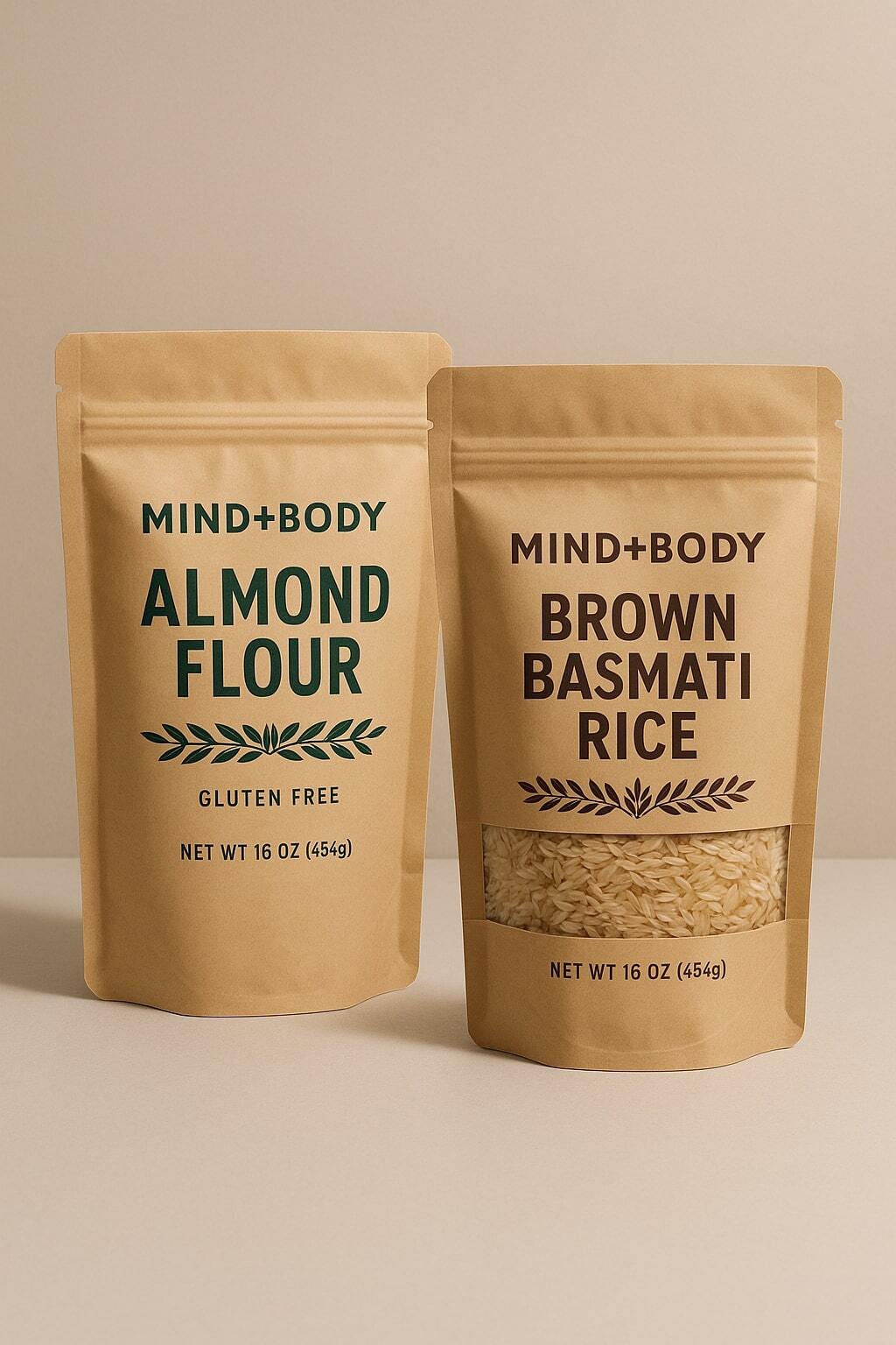 Kraft pouches with and without windows on a neutral backdrop.