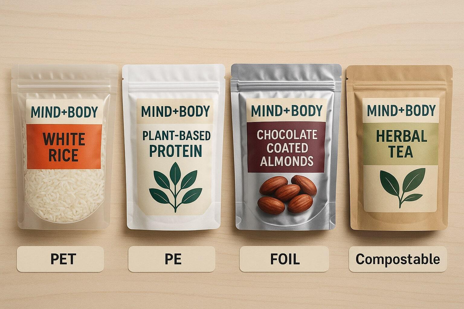 Side-by-side samples of PET, PE, METPET, foil, and compostable pouch materials laid out on a table. If there are realistic pouches in the image the pouches should have some design elements as though you might find them in a grocery store. Use the fictitious company Mind+Body as the brand and label the products with real products that would be packaged in the pouches. Do not use Lorem Ipsum copy in the graphic.
