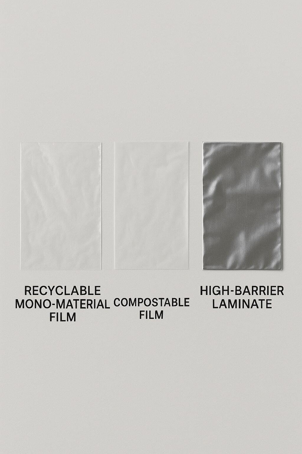 Samples of recyclable mono-material, compostable, and high-barrier laminate films for pouches.