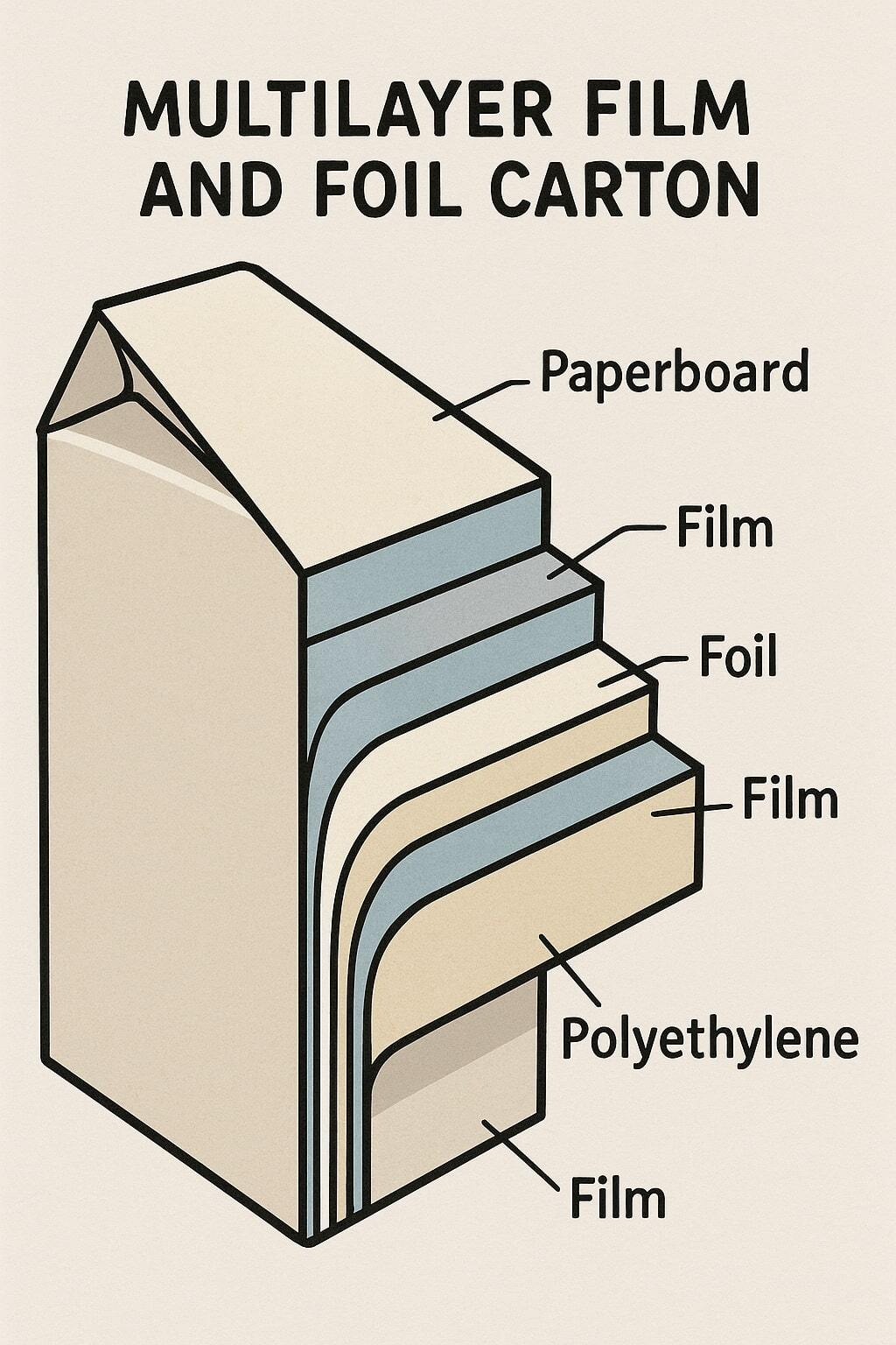 Cross-section illustration of multilayer film and foil-lined carton structures for aseptic packaging.
