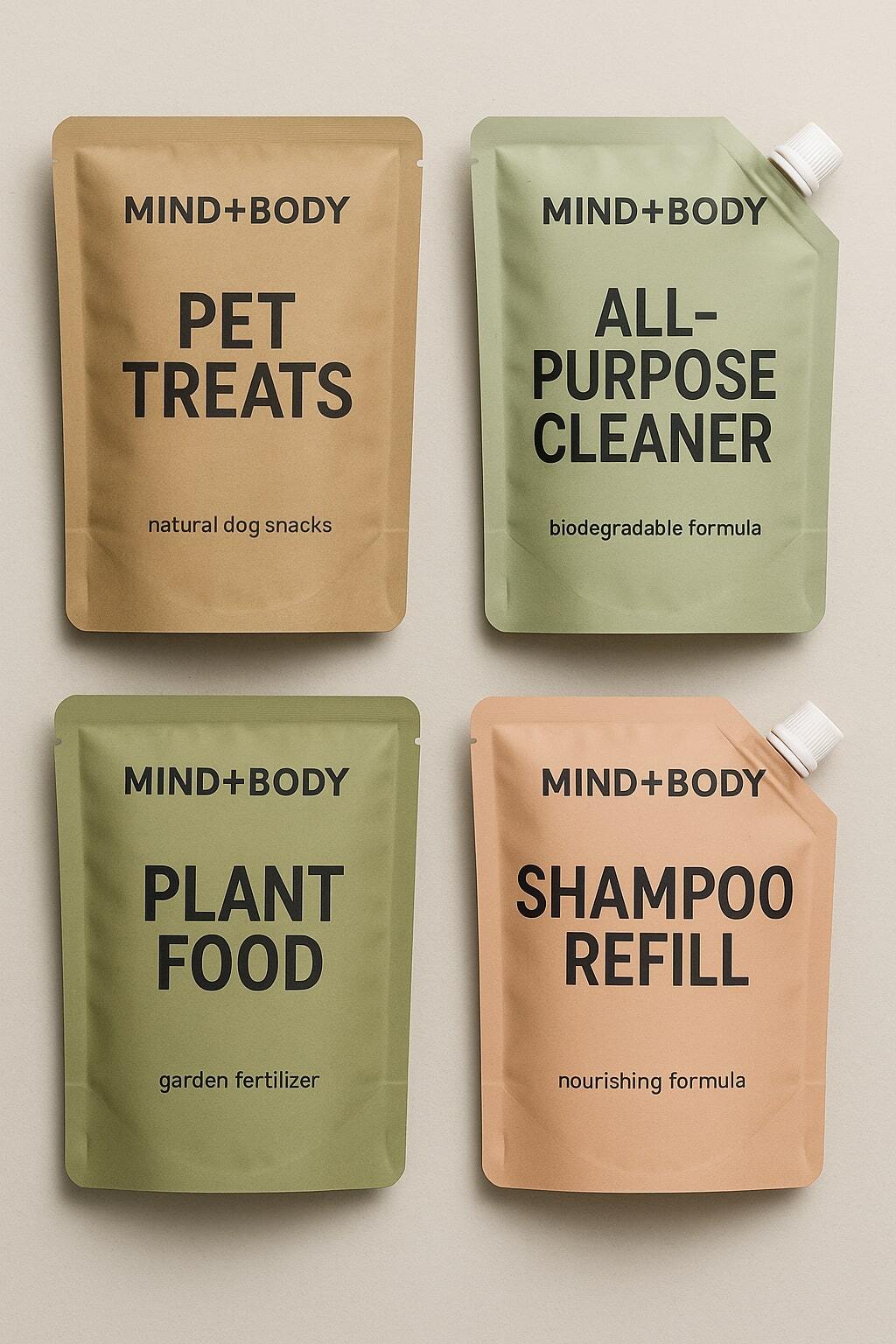 Non-food pouches for pet treats, household cleaners, garden products, and cosmetics refills.