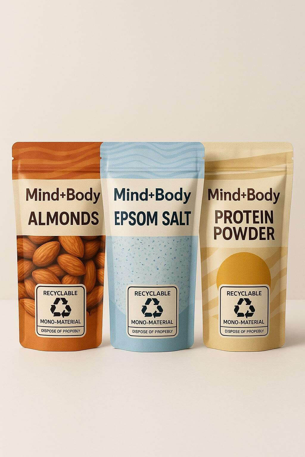 Recyclable stand-up pouches with clear disposal labeling.